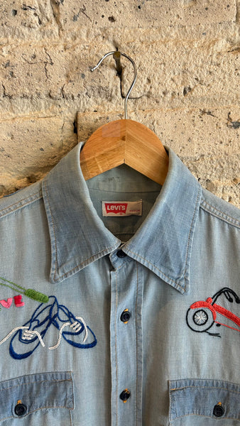 1970's Levi's Hand Embroidered Bike Chambray Shirt in Light Blue