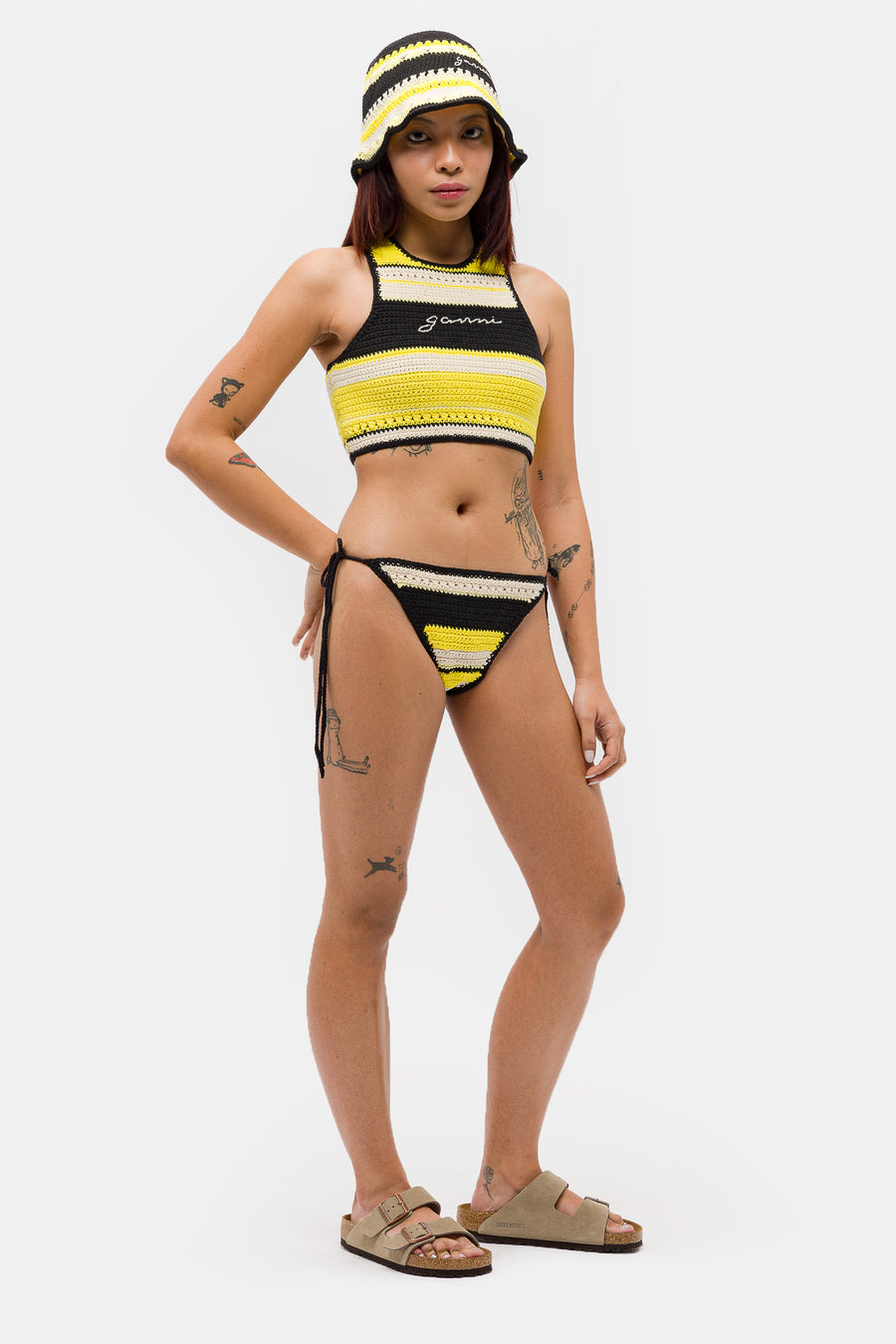 GANNI Crochet String Bikini Briefs in Golden Kiwi - Notre