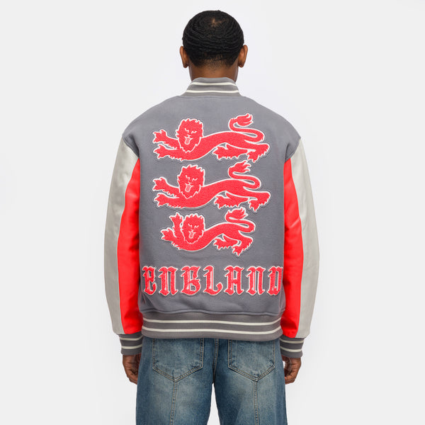 Palace x England Varsity Jacket in Cool Grey/White/Bright Crimson