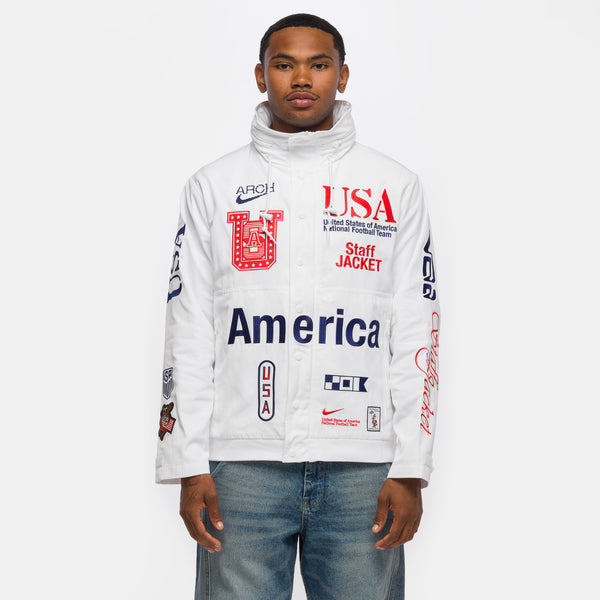 V.A.A. x USA Woven Staff Jacket in White/Deep Royal Blue