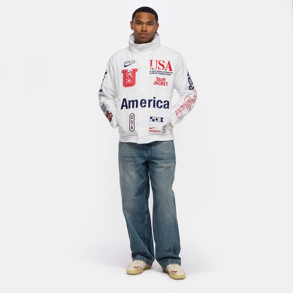 V.A.A. x USA Woven Staff Jacket in White/Deep Royal Blue