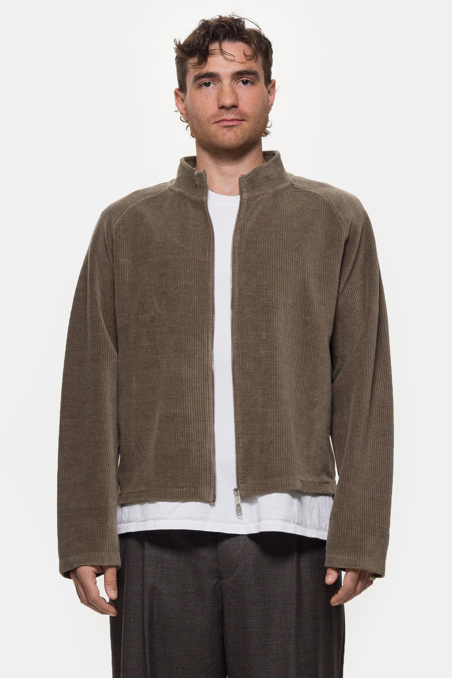 mfpen Leisure Zip Up Sweater in Faded Taupe Jersey Cord - Notre