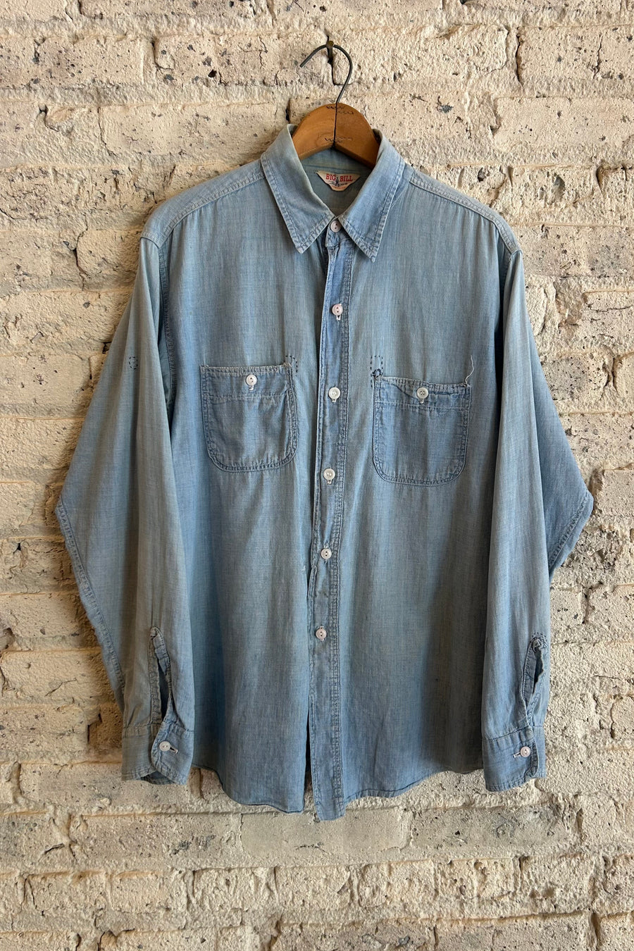 Wesley Supply Co 1960's Big Bill Chambray Shirt with Sashiko Repairs in Light Blue - Notre