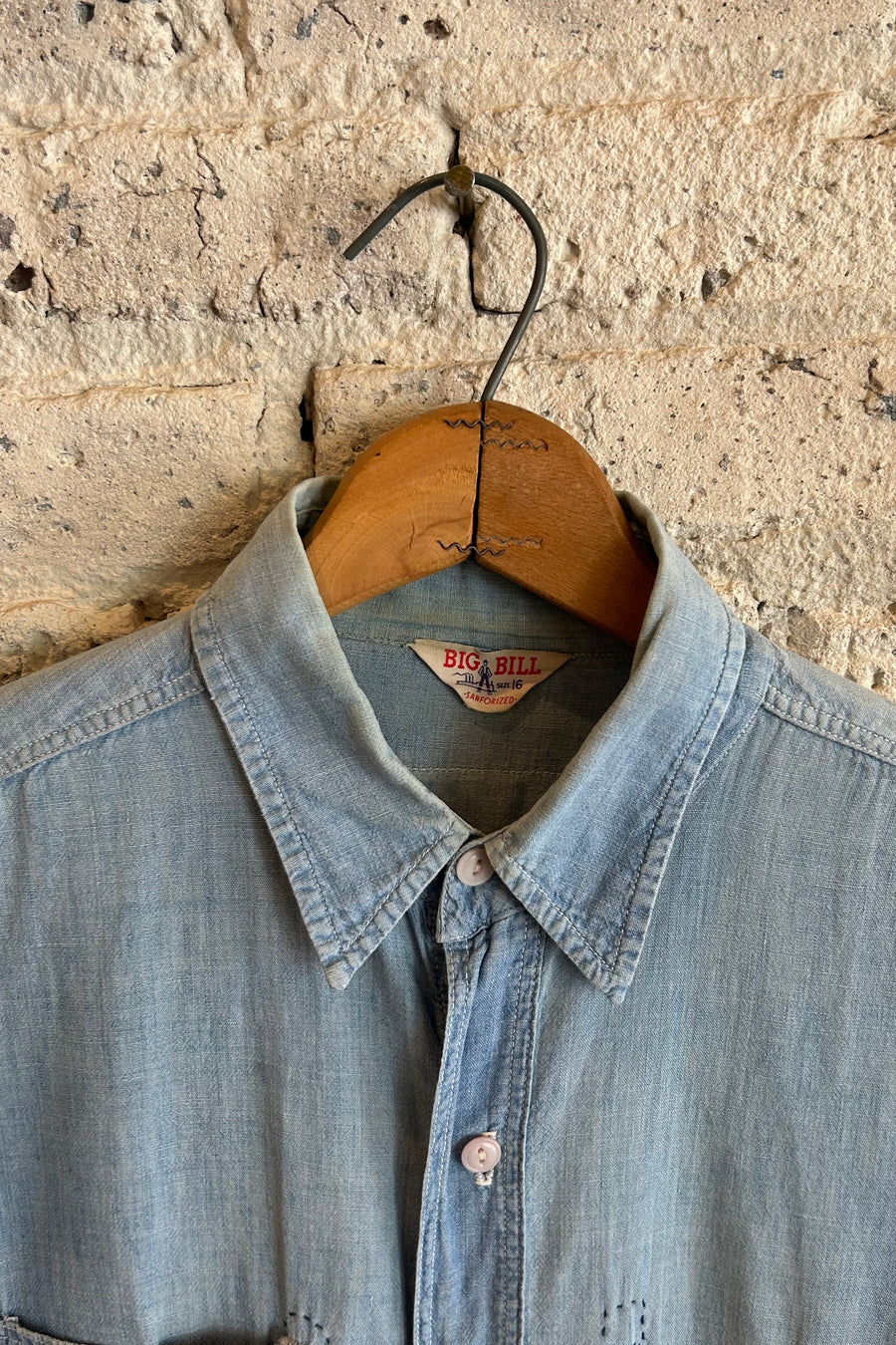 Wesley Supply Co 1960's Big Bill Chambray Shirt with Sashiko Repairs in Light Blue - Notre