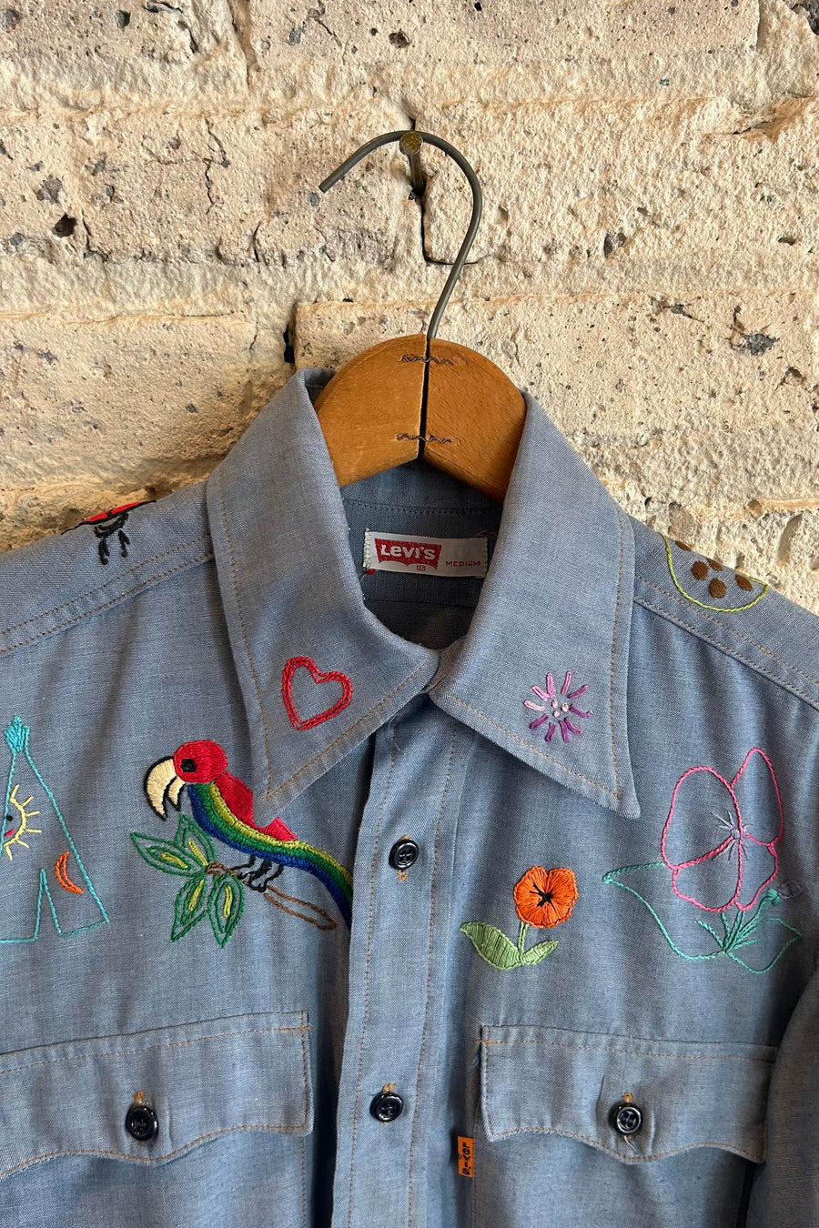 Wesley Supply Co 1970's Levi's Hand Embroidered Parrot Chambray Shirt in Light Blue - Notre