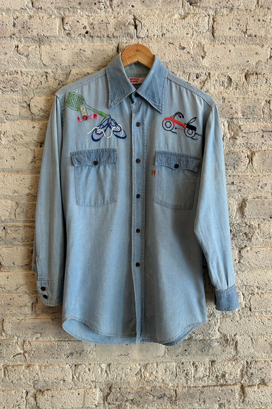 1970's Levi's Hand Embroidered Bike Chambray Shirt in Light Blue