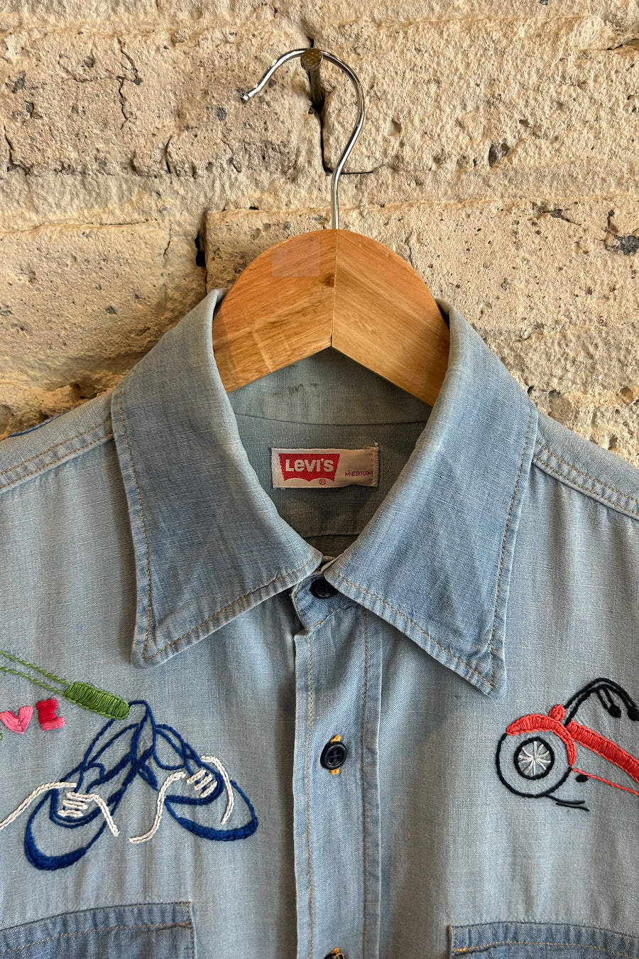 Wesley Supply Co 1970's Levi's Hand Embroidered Bike Chambray Shirt in Light Blue - Notre