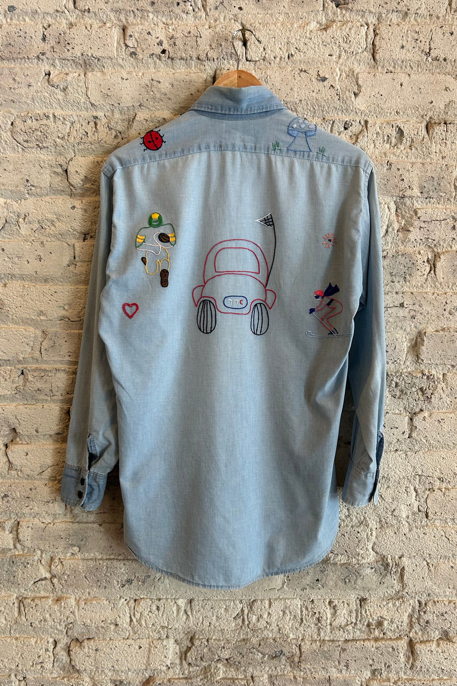 Wesley Supply Co 1970's Levi's Hand Embroidered Bike Chambray Shirt in Light Blue - Notre