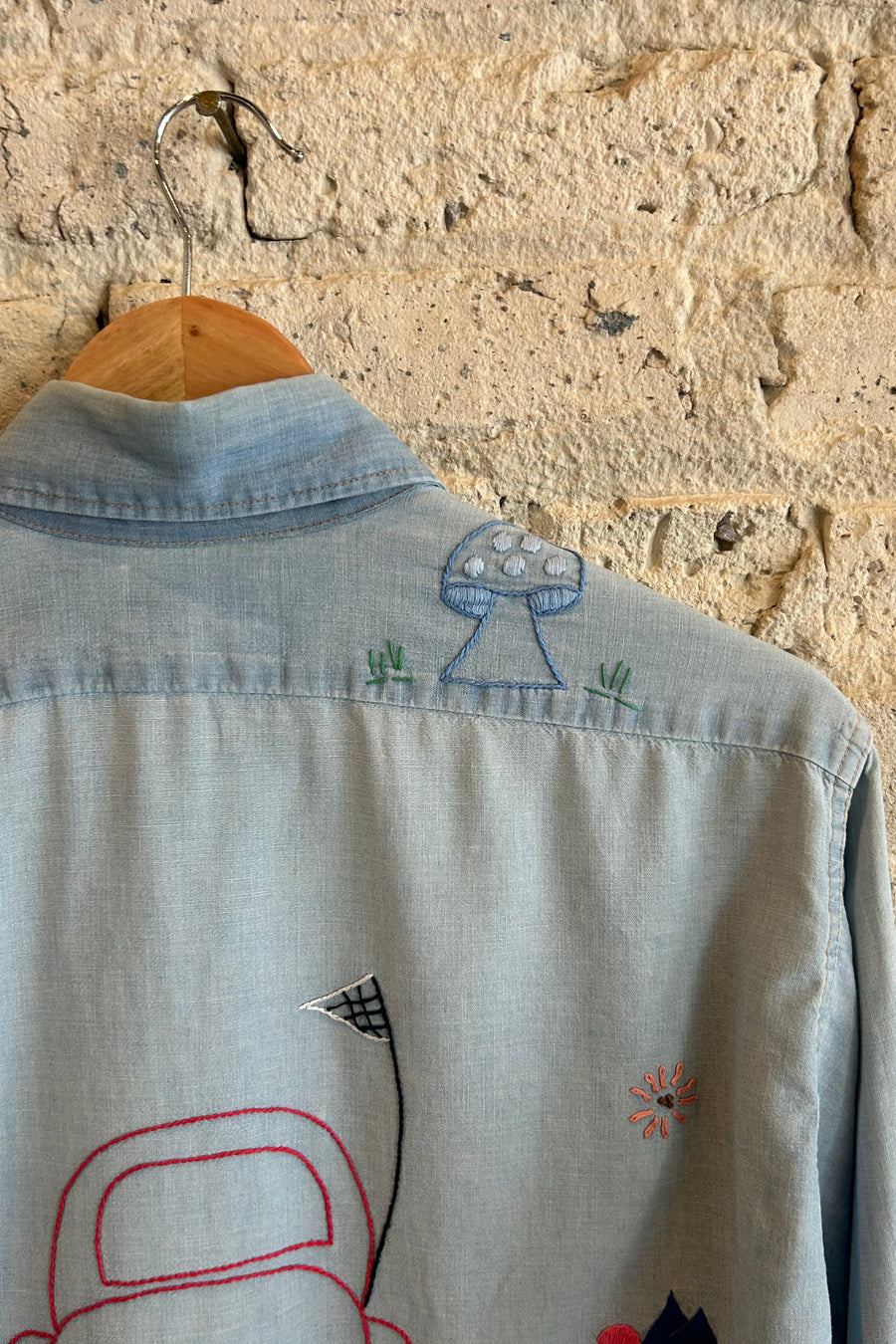 Wesley Supply Co 1970's Levi's Hand Embroidered Bike Chambray Shirt in Light Blue - Notre