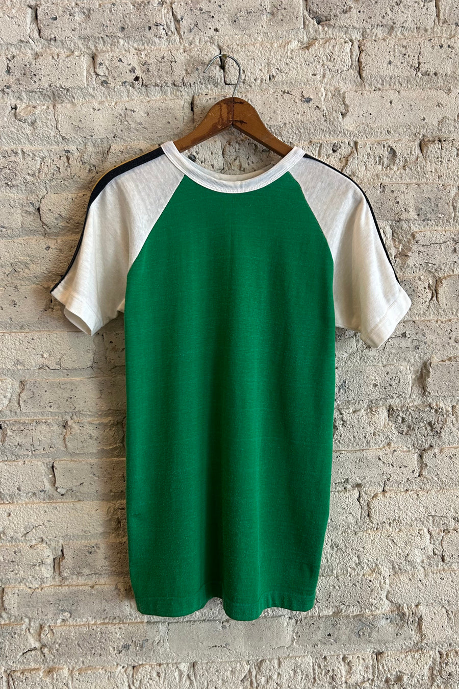 Wesley Supply Co 1970's Rawlings Raglan Sleeve Jersey T-Shirt with Striped Ribbing in Green/Yellow - Notre