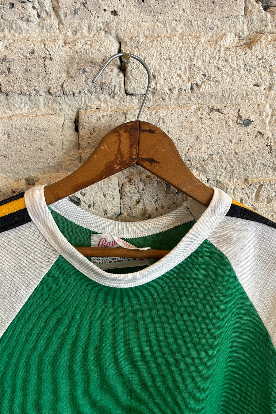 Wesley Supply Co 1970's Rawlings Raglan Sleeve Jersey T-Shirt with Striped Ribbing in Green/Yellow - Notre