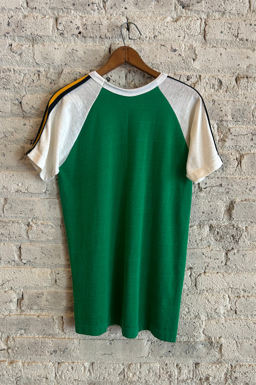 Wesley Supply Co 1970's Rawlings Raglan Sleeve Jersey T-Shirt with Striped Ribbing in Green/Yellow - Notre