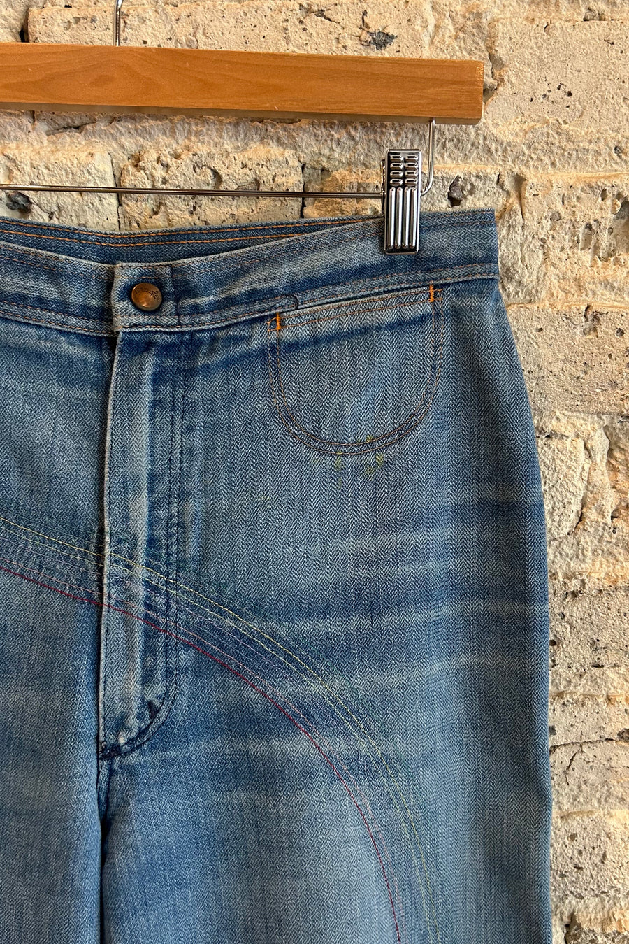 Wesley Supply Co 1970's Wrangler Rainbow Stitch Wide Leg Flare Jean in Light Blue - Notre