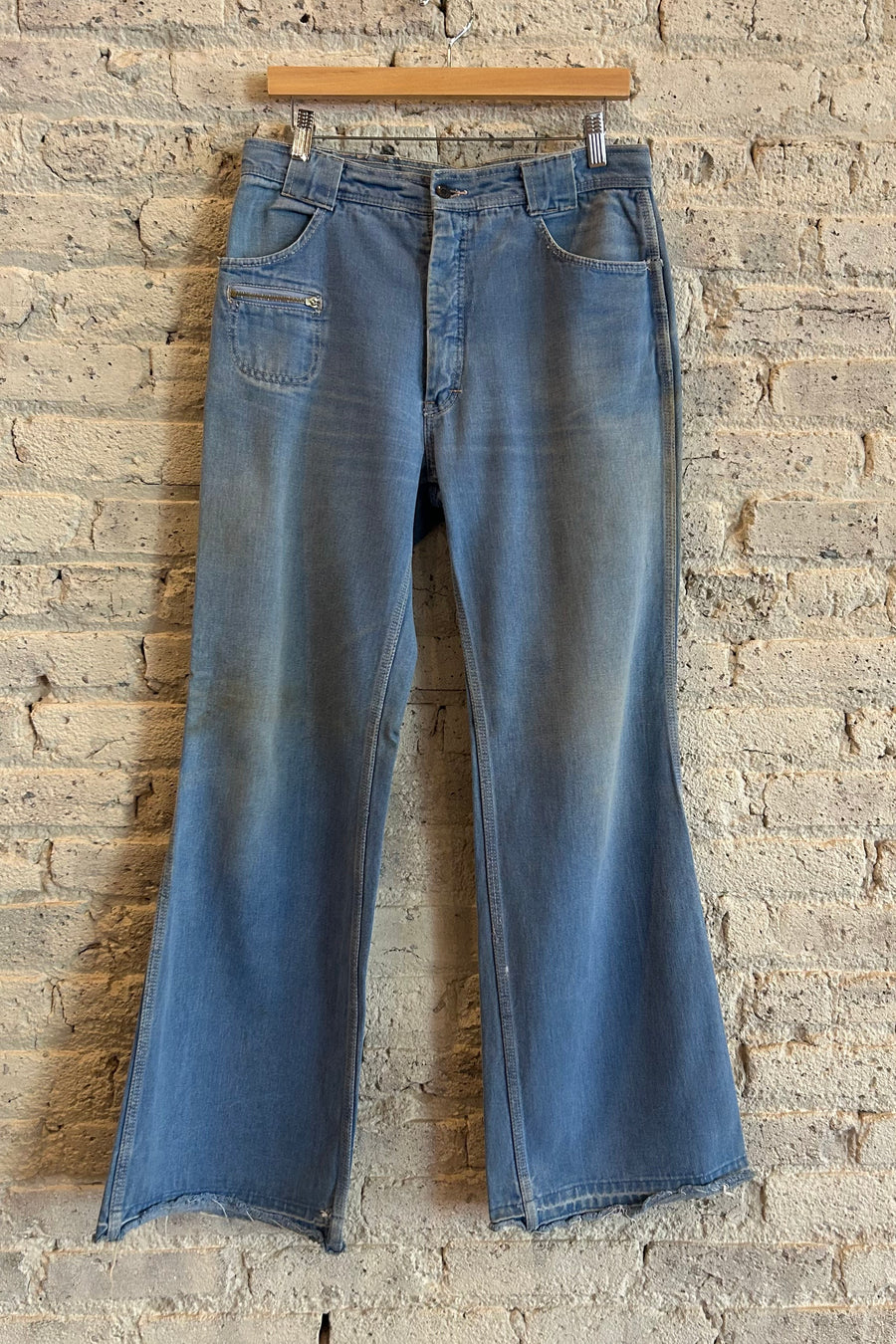 Wesley Supply Co 1970's Distressed Light Wash Wide Leg Flare Jean in Light Blue - Notre