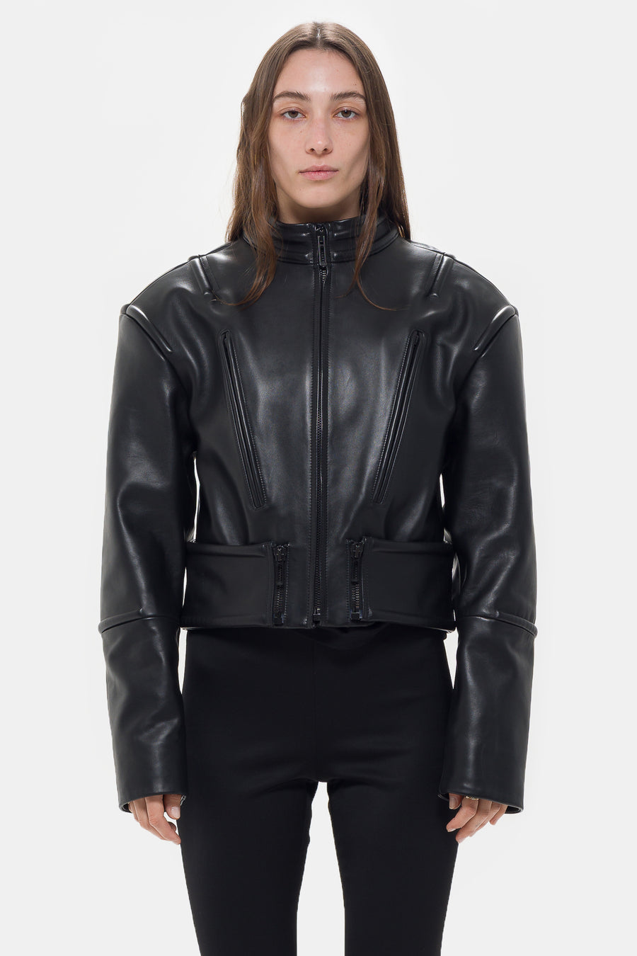 032C Hippolyta Guarded Leather Biker Jacket in Black - Notre