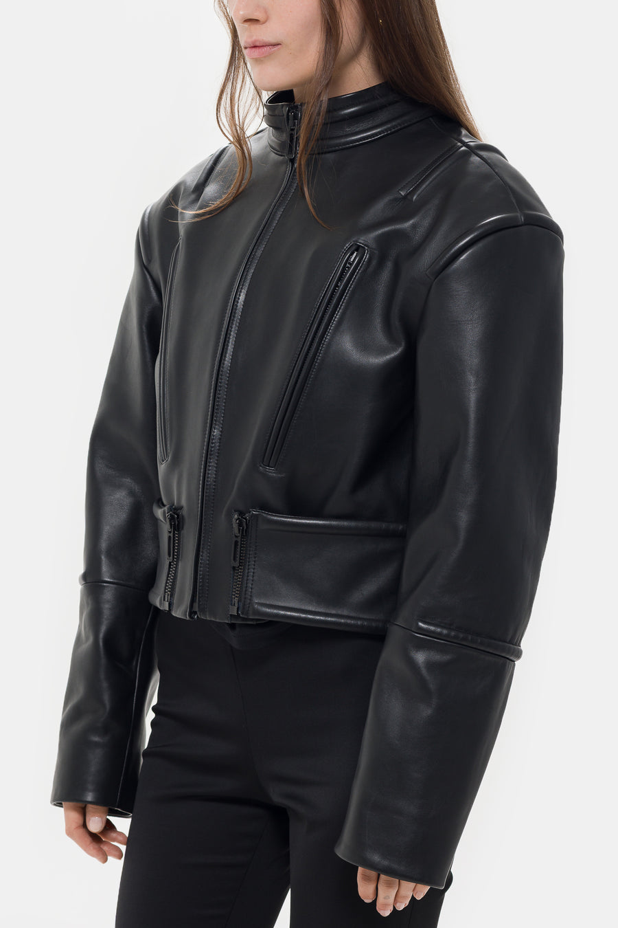 032C Hippolyta Guarded Leather Biker Jacket in Black - Notre