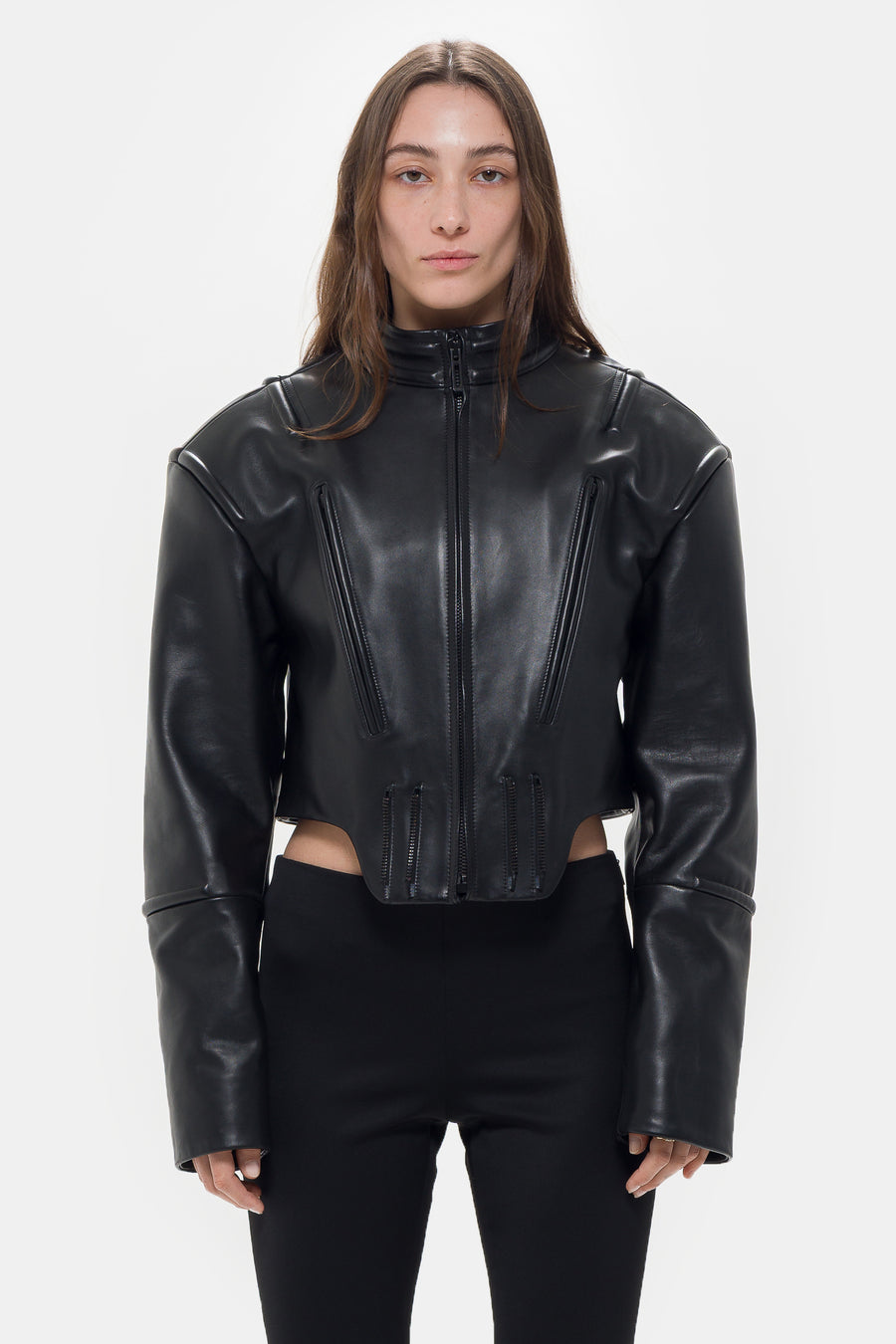 032C Hippolyta Guarded Leather Biker Jacket in Black - Notre