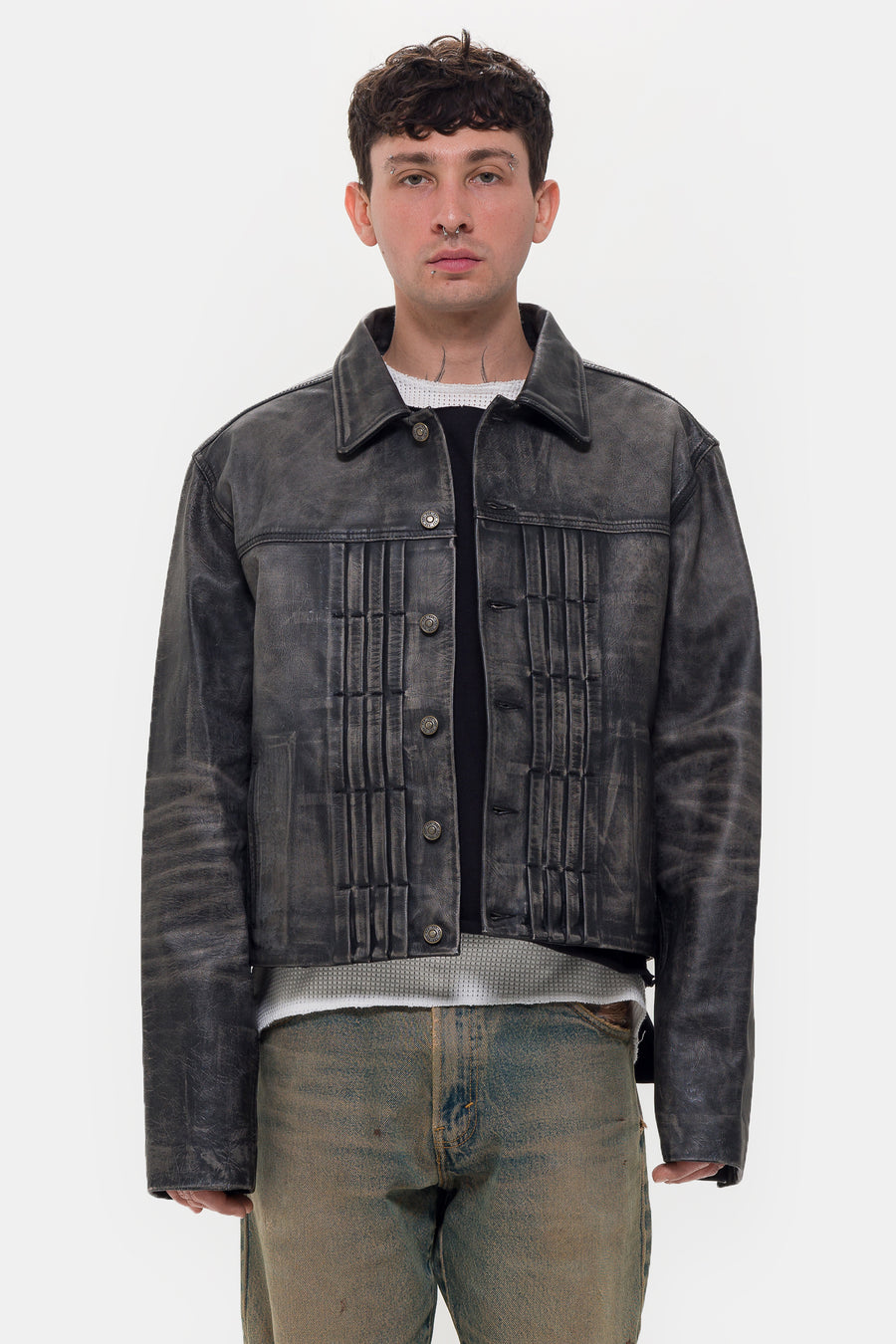 424 Leather Trucker Jacket in Black