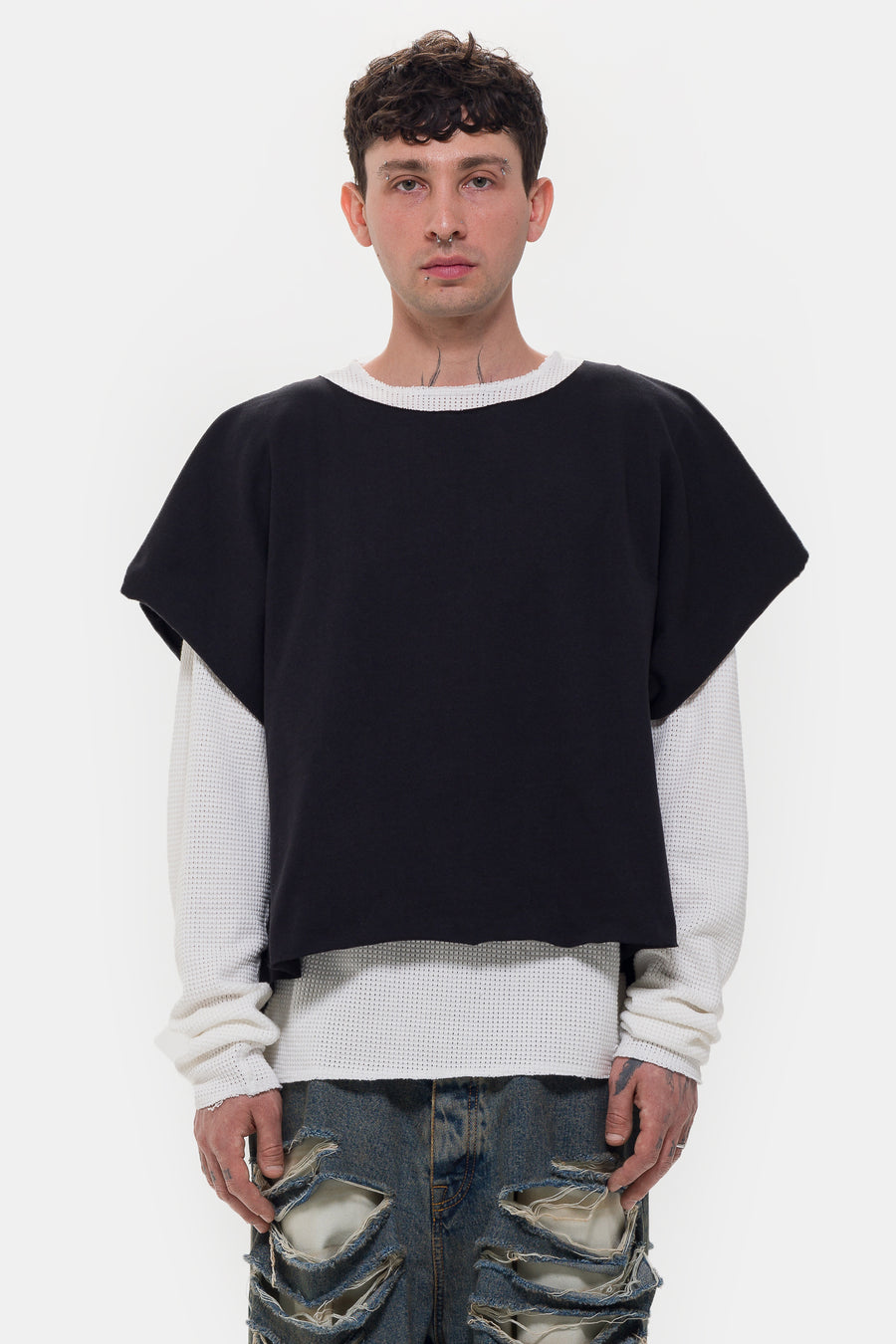 424 Double Layer Distressed T-Shirt in Black Washed - Notre