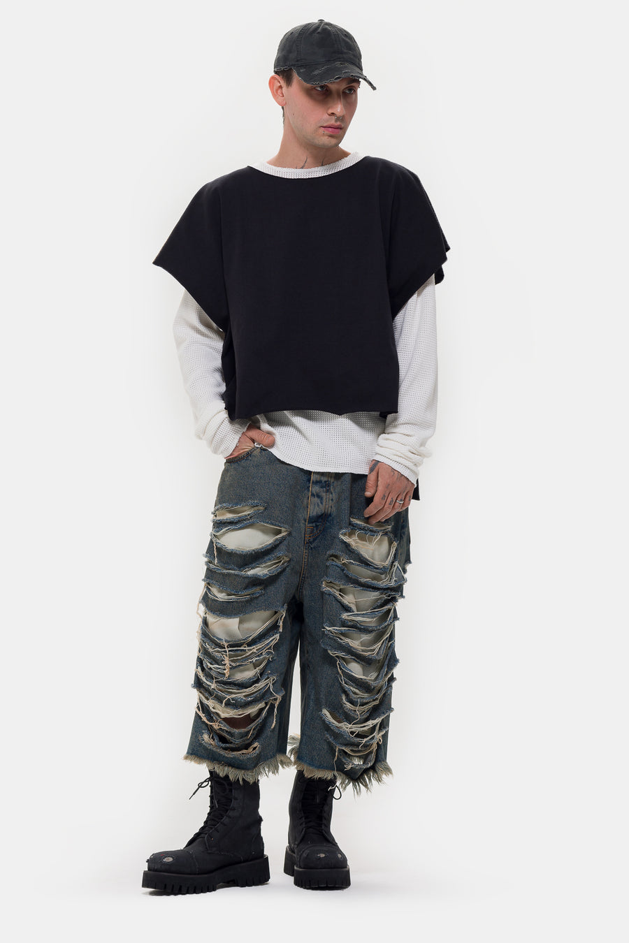 Double Layer Distressed T-Shirt in Black Washed - 424
