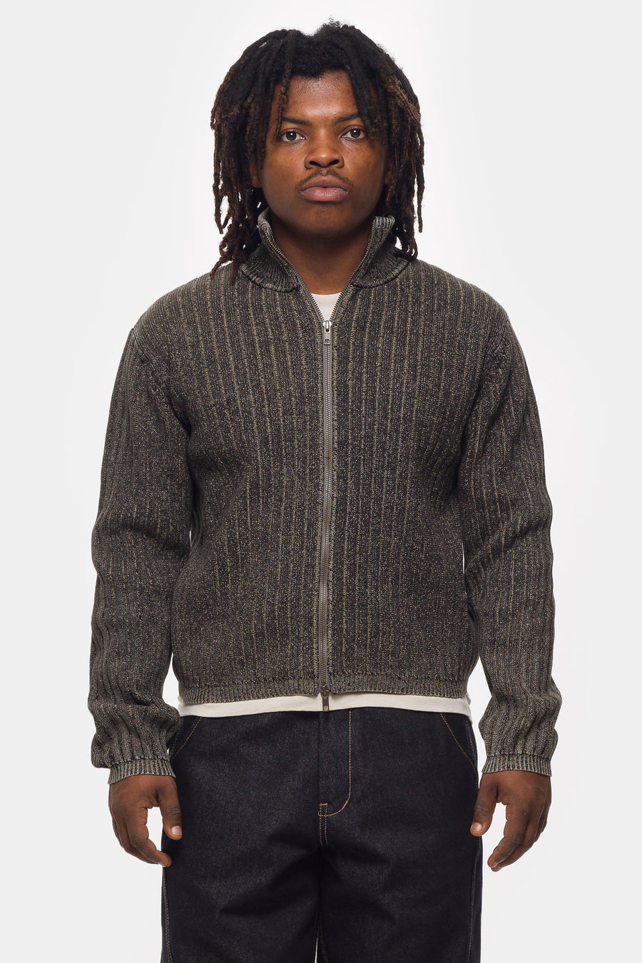 Beams Faded Stand Full Zip Sweater in Black - Notre