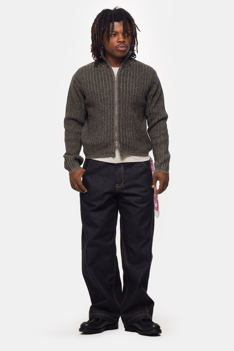 Beams Faded Stand Full Zip Sweater in Black - Notre