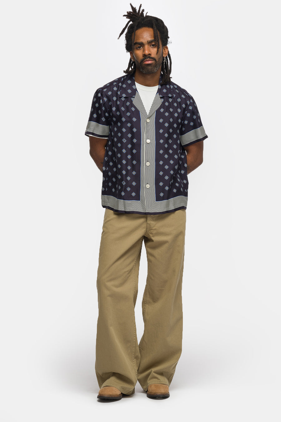 Bode Foyer Diamond Short Sleeve Shirt in Navy Blue - Notre