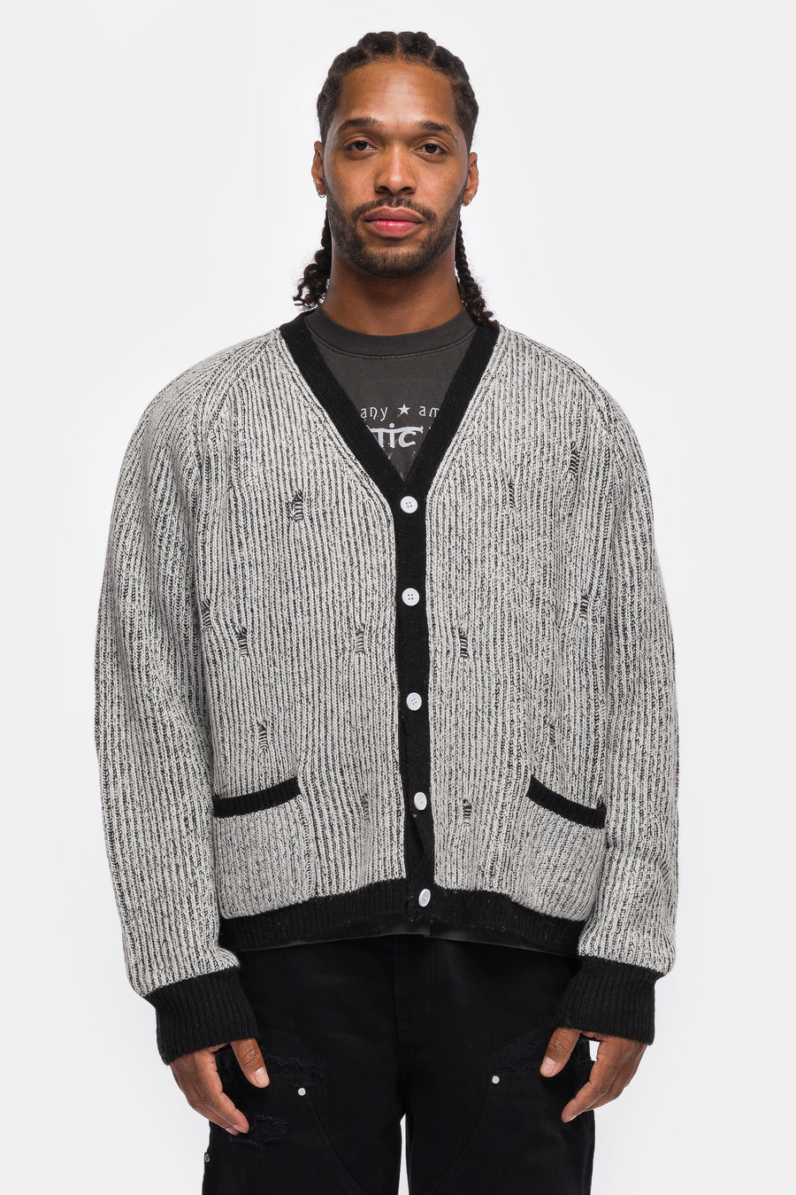 Bleach Knit Cardigan in White/Black