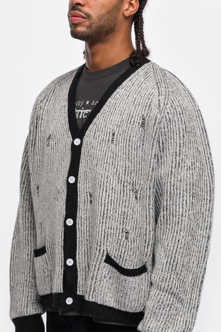 Bleach Knit Cardigan in White/Black