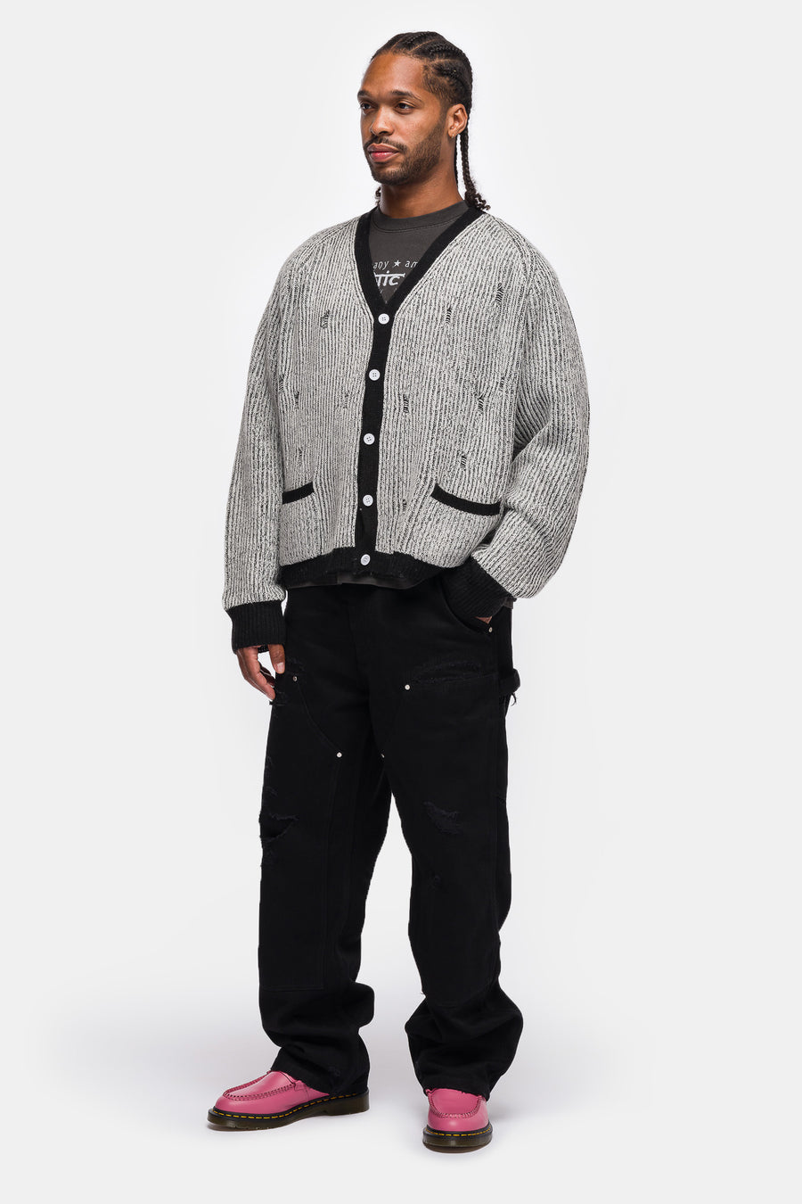 Bleach Knit Cardigan in White/Black