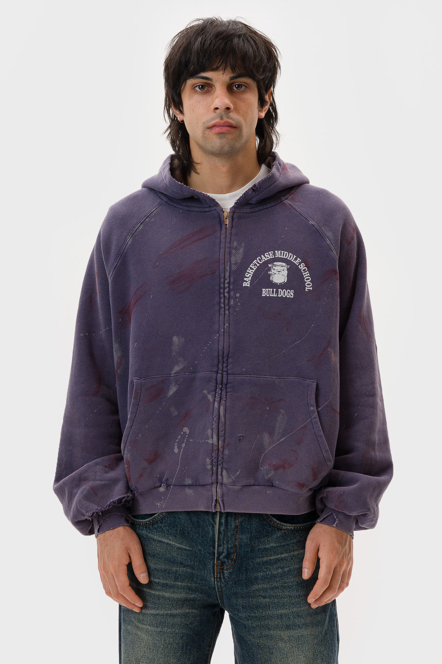 Bulldogs Paint Splatter Thermal Lined Zip Hoodie in Washed Navy