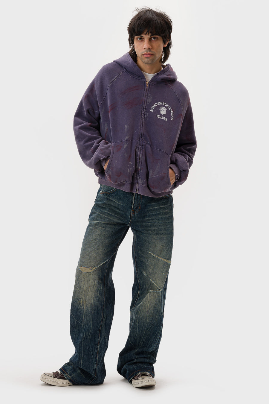 Bulldogs Paint Splatter Thermal Lined Zip Hoodie in Washed Navy