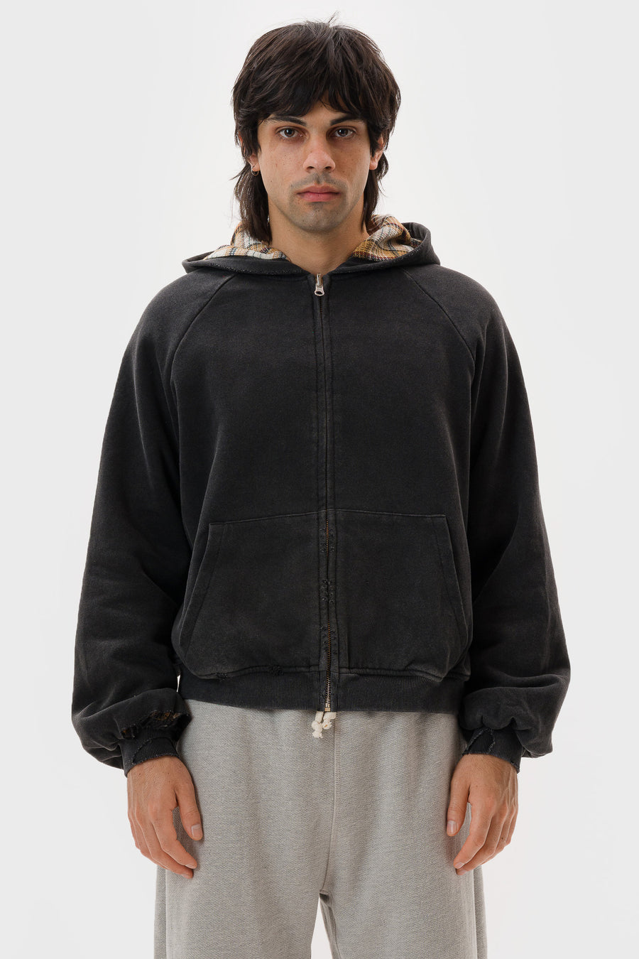 Hench Plaid Thermal Lined Zip Up Hoodie in Vintage Black