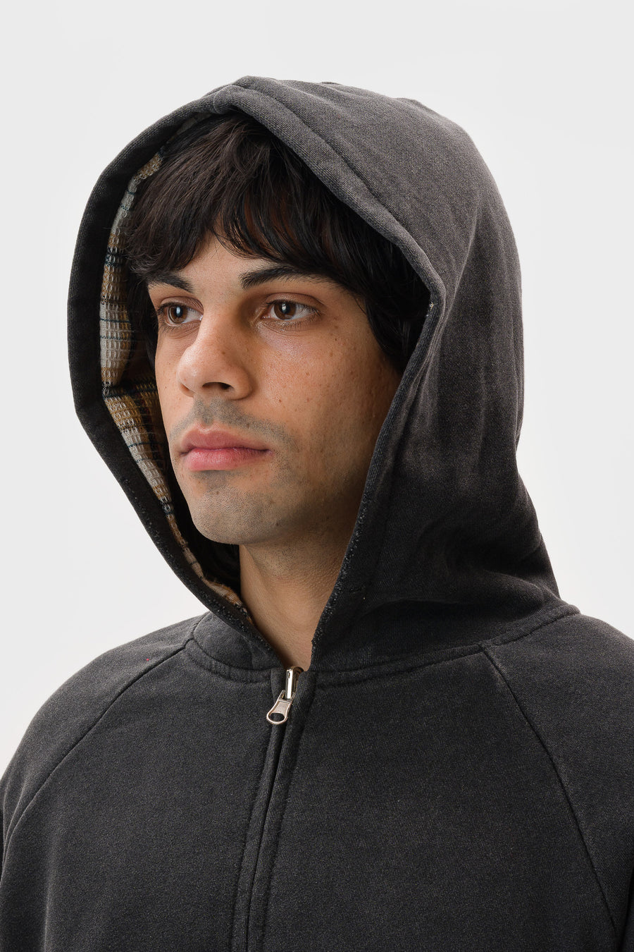 Hench Plaid Thermal Lined Zip Up Hoodie in Vintage Black