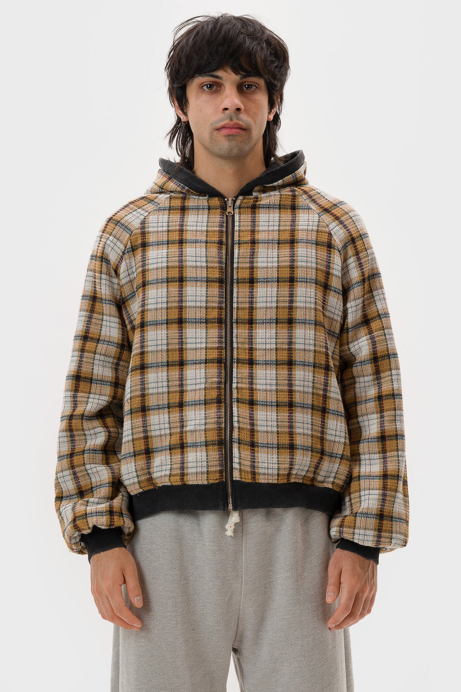 Hench Plaid Thermal Lined Zip Up Hoodie in Vintage Black