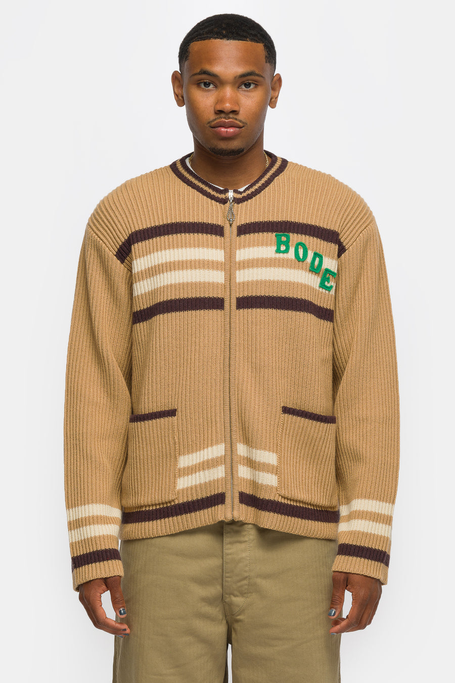 Bode Timber Stripe Cardigan in Tan - Notre