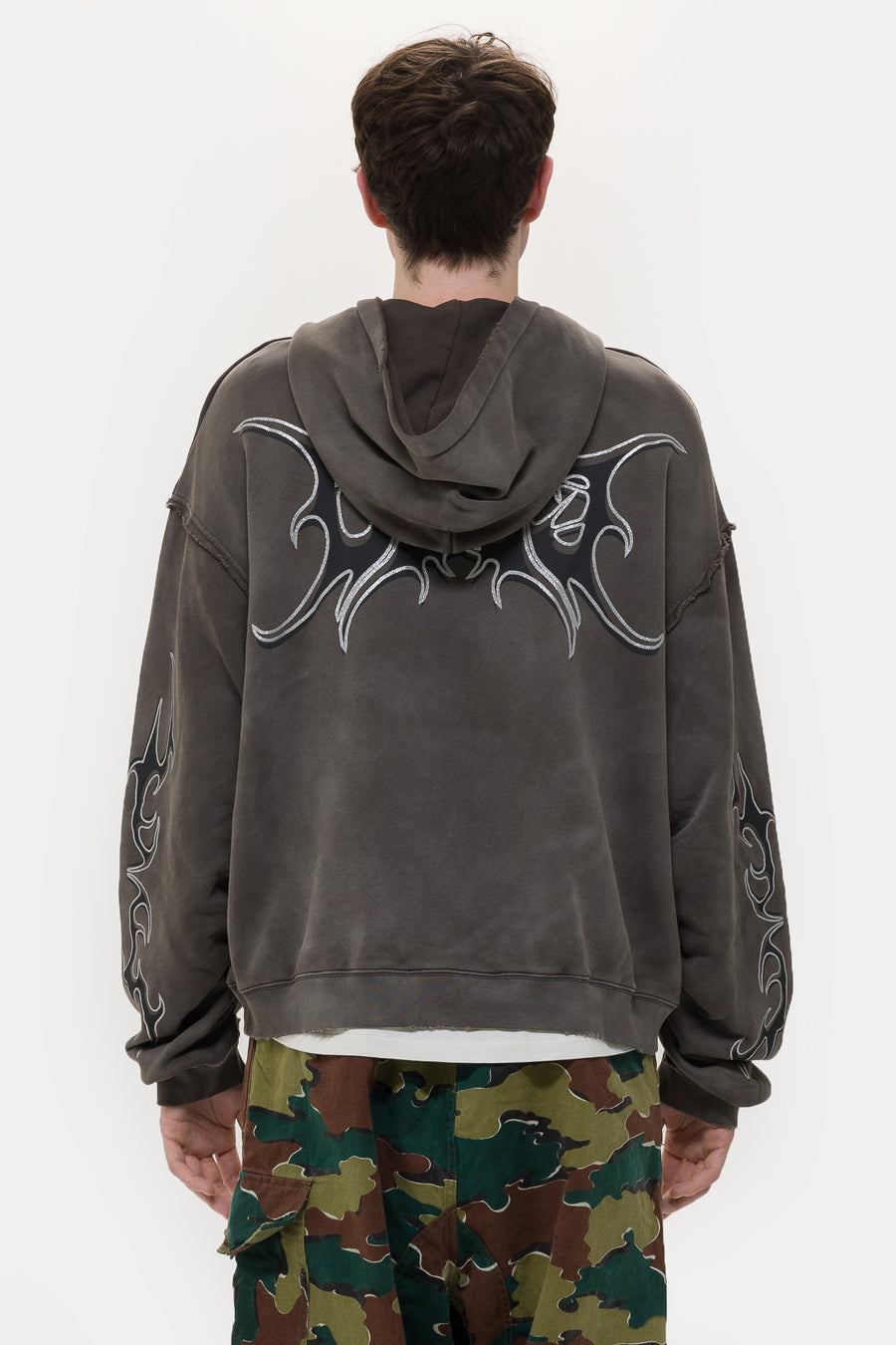 Glitter Layered Logo Print Distressed Hoodie in Dark Grey