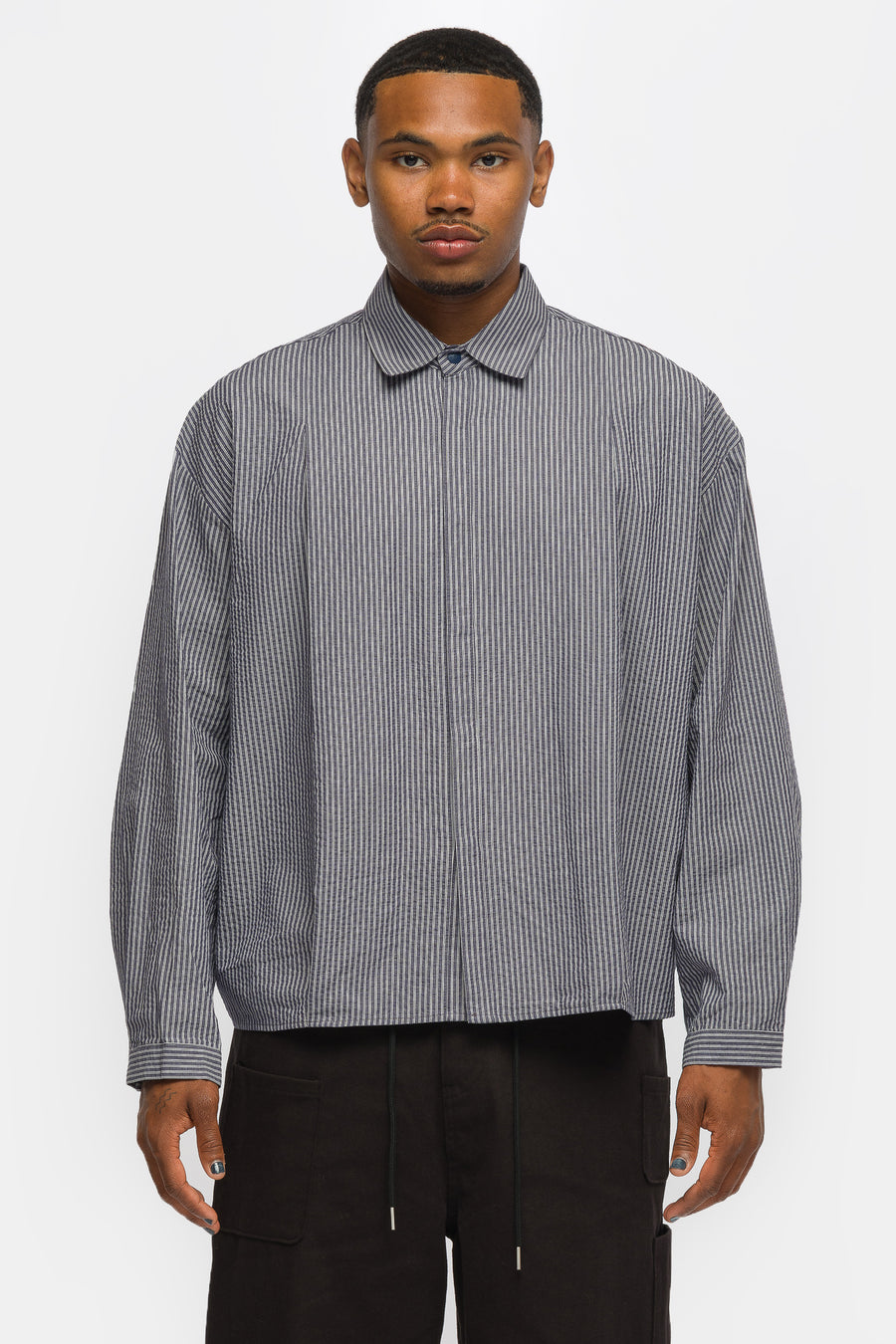Estudio Niksen Boxy Pleated Shirt in Navy Stripe - Notre