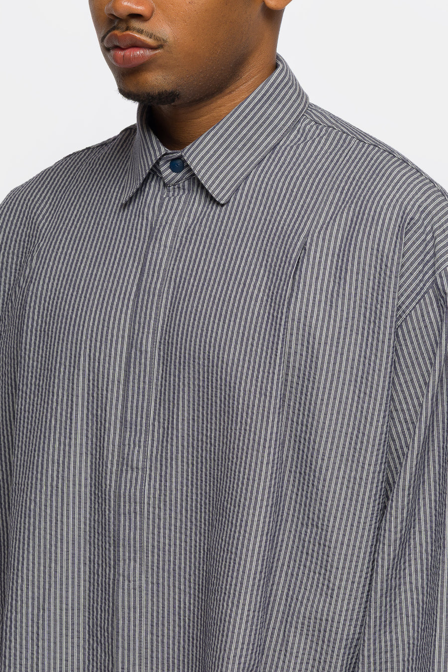 Estudio Niksen Boxy Pleated Shirt in Navy Stripe - Notre