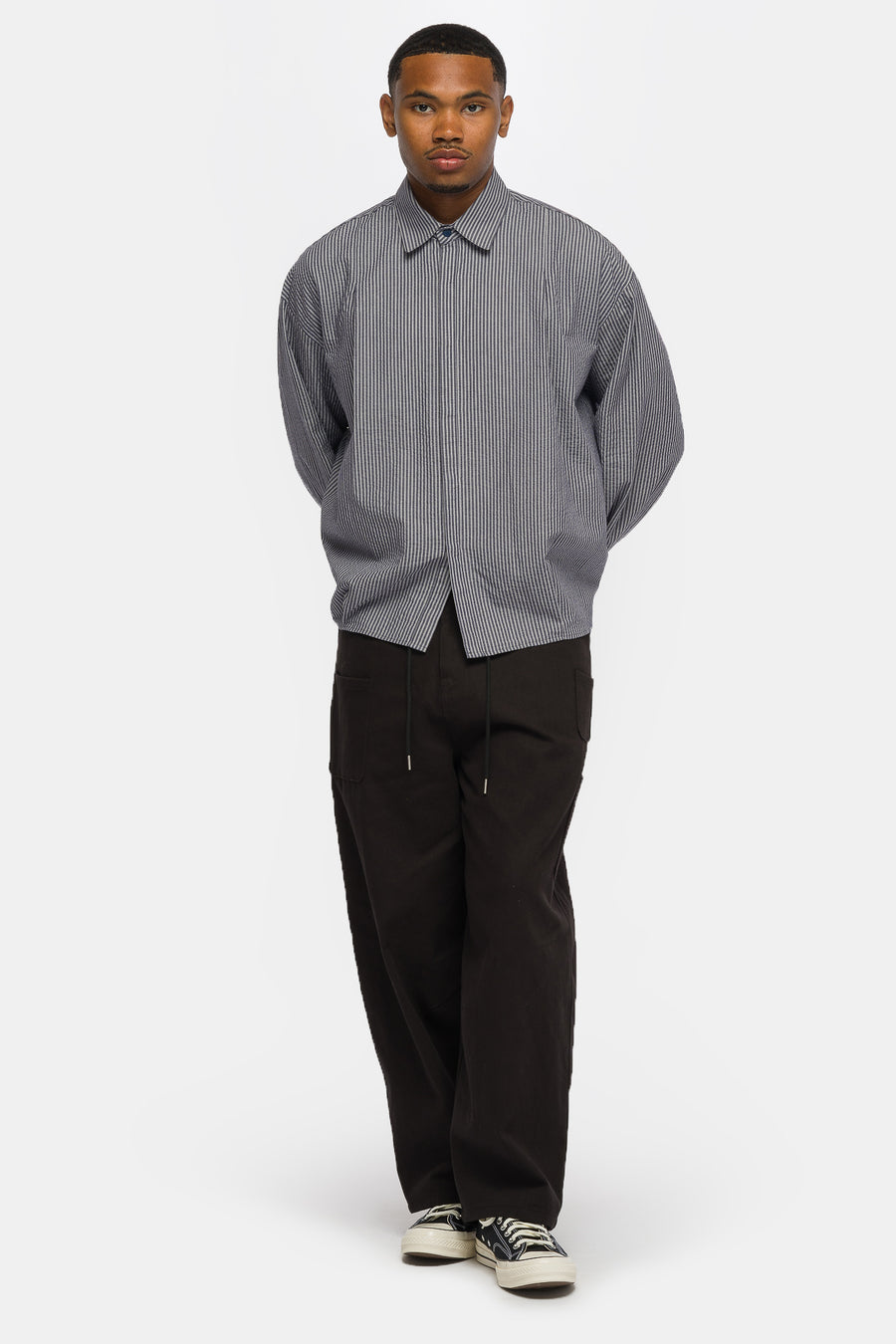 Estudio Niksen Boxy Pleated Shirt in Navy Stripe - Notre