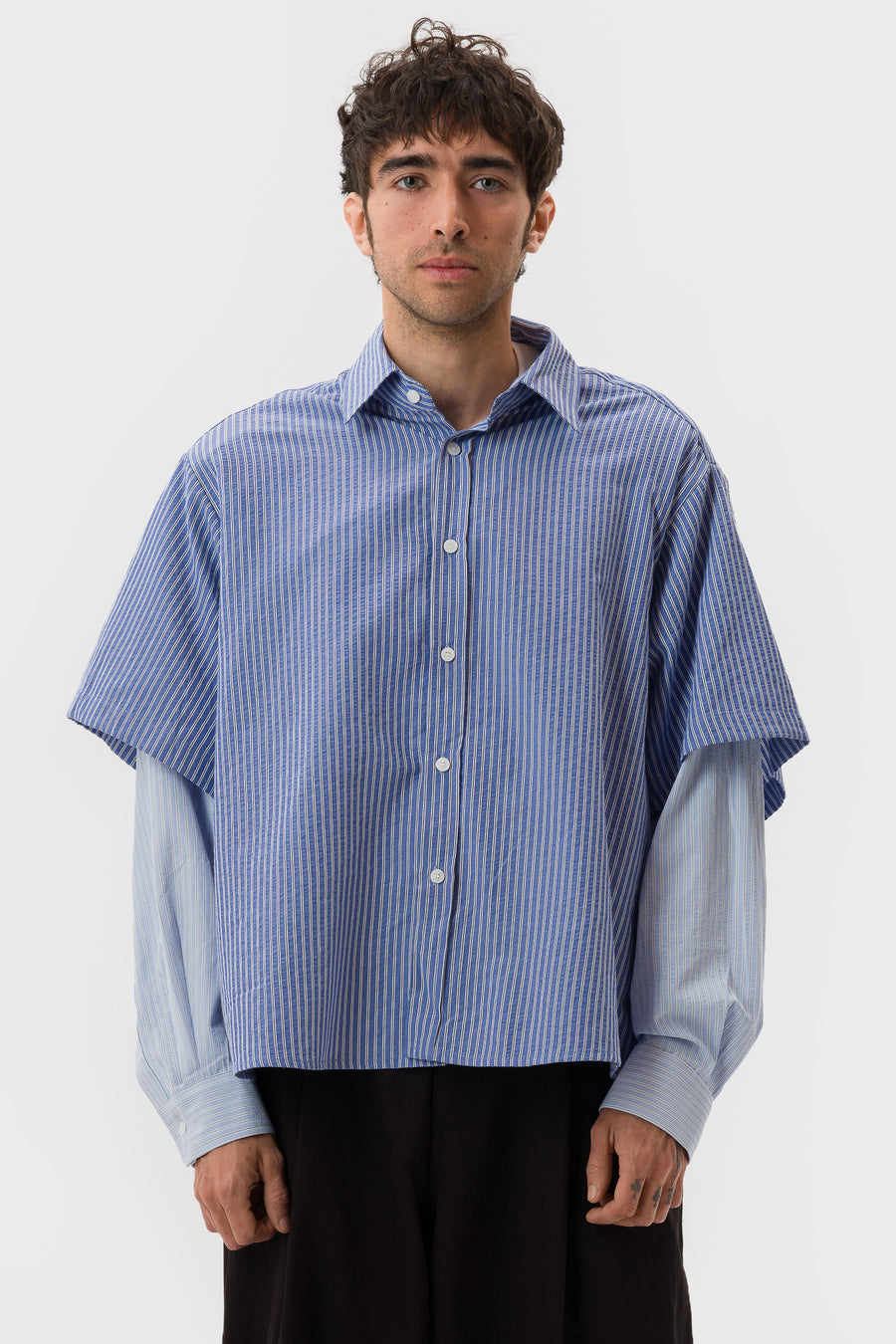 Estudio Niksen Button Up Layered Shirt in Blue Stripe - Notre