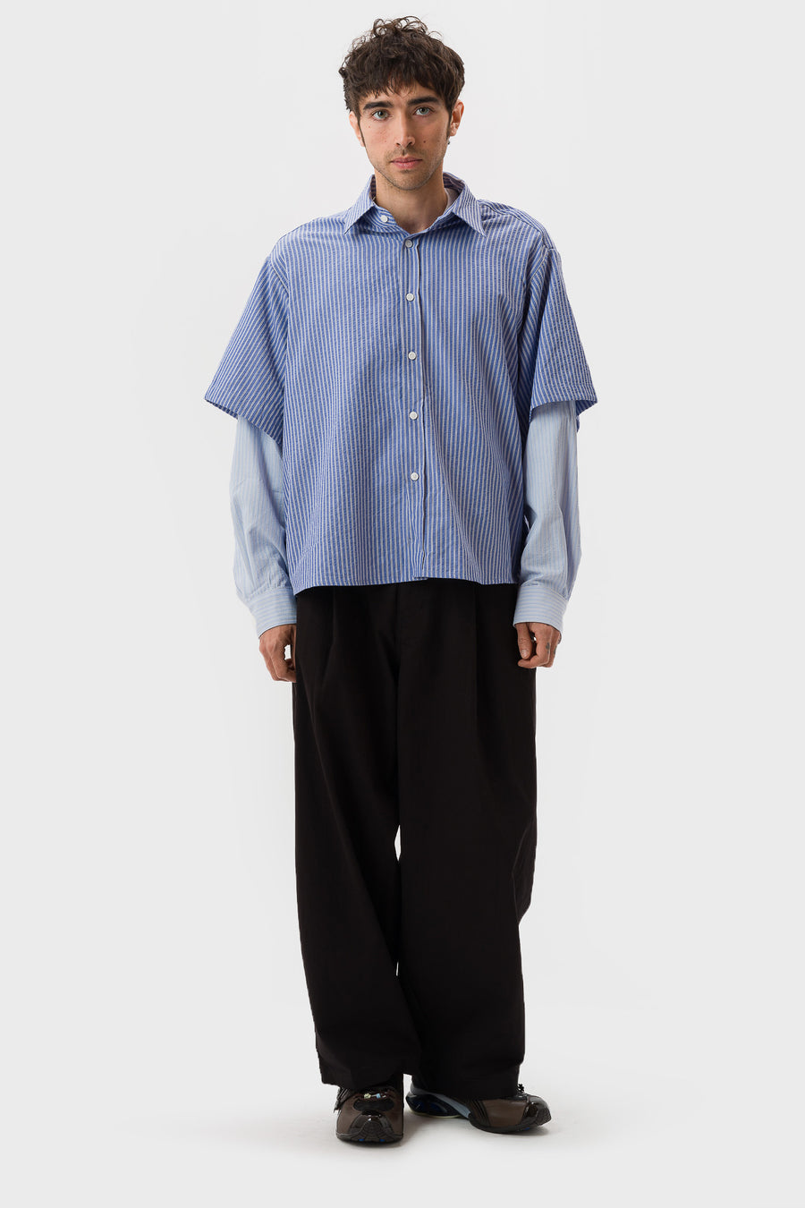 Estudio Niksen Button Up Layered Shirt in Blue Stripe - Notre