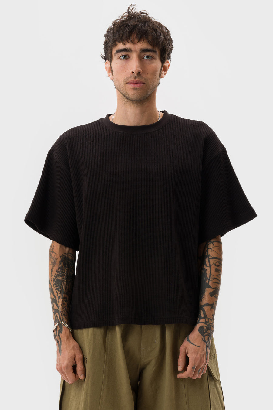 Estudio Niksen Cropped Waffle T-Shirt in Black - Notre