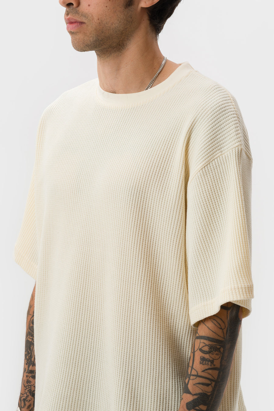 Estudio Niksen Cropped Waffle T-Shirt in Cream - Notre