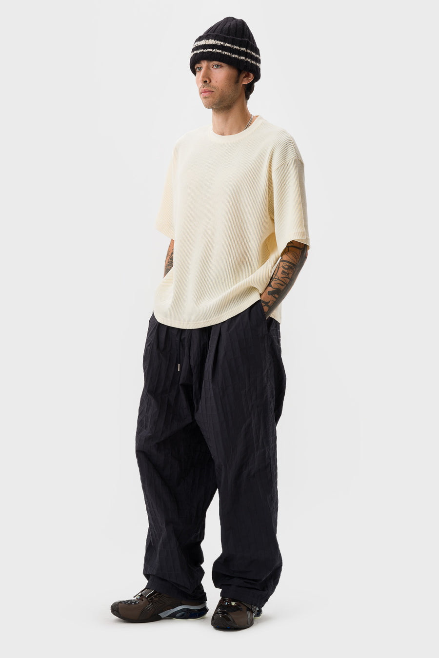 Estudio Niksen Cropped Waffle T-Shirt in Cream - Notre