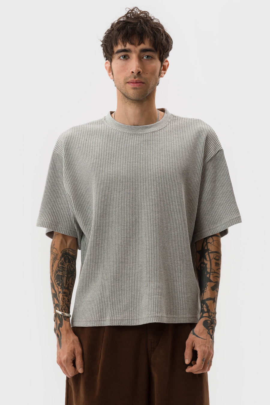 Estudio Niksen Cropped Waffle T-Shirt in Grey - Notre
