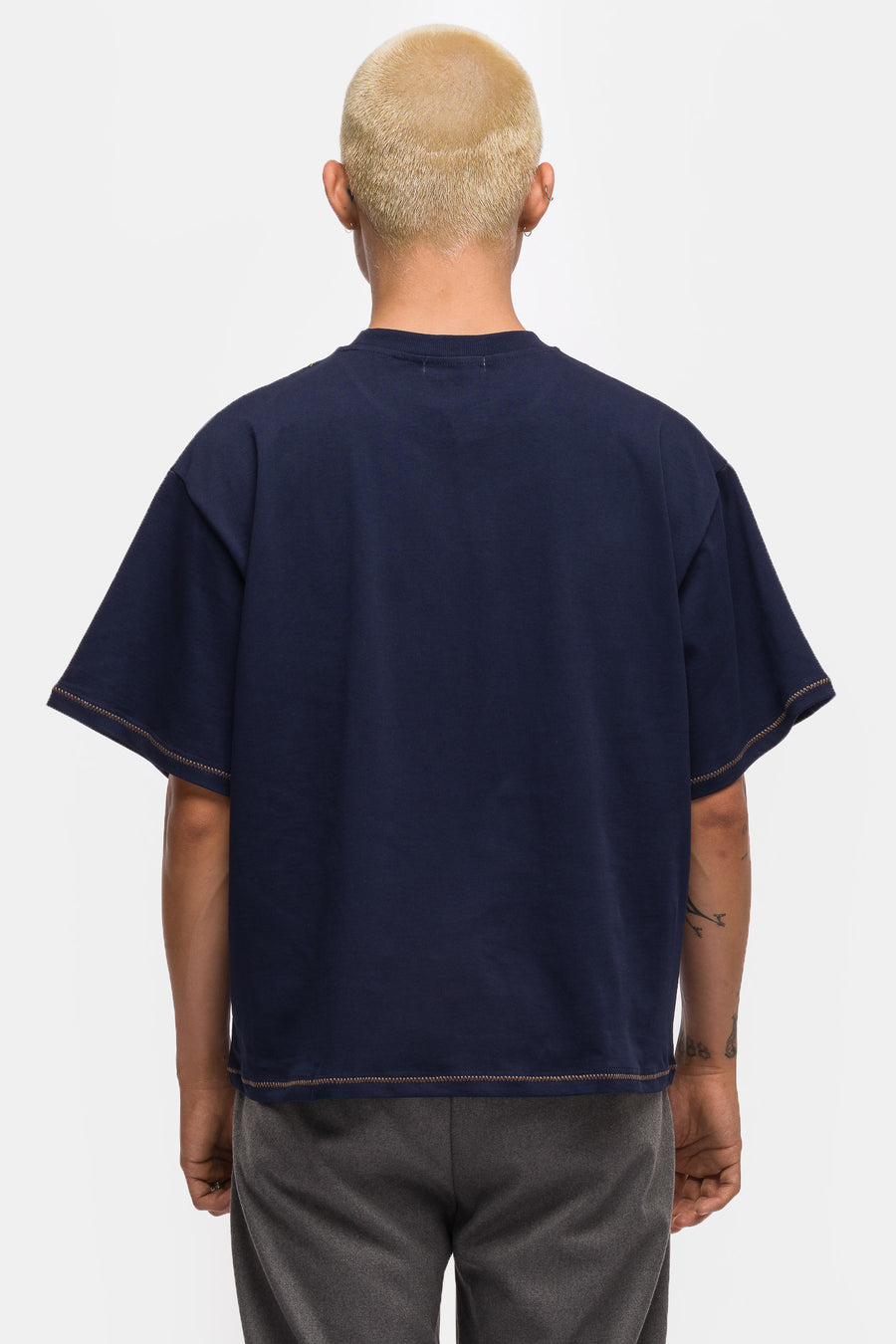 Estudio Niksen Hand Embroidered Cropped T-Shirt in Navy - Notre