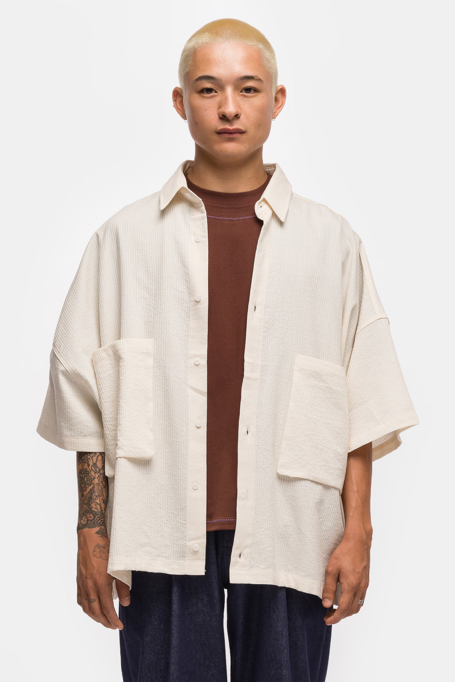 Two Pocket Big Shirt in Cream Stripe