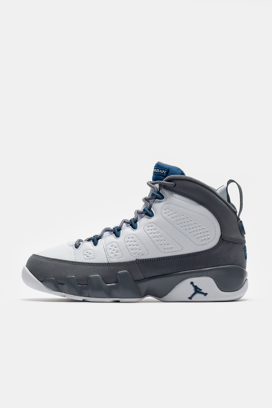 Air Jordan 9 Retro Grade School Sneaker in White/French Blue/Flint