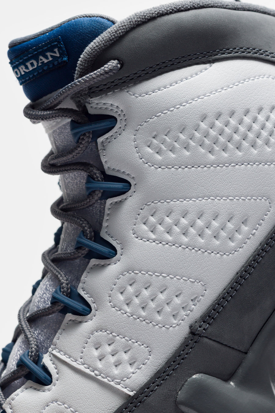 Air Jordan 9 Retro Grade School Sneaker in White/French Blue/Flint